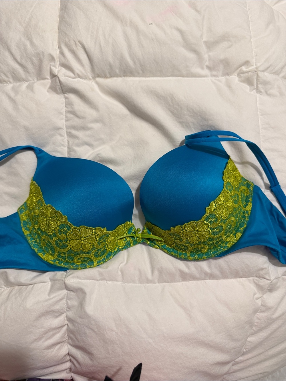 Victoria's Secret Teal Bra with Lime Lace Accents